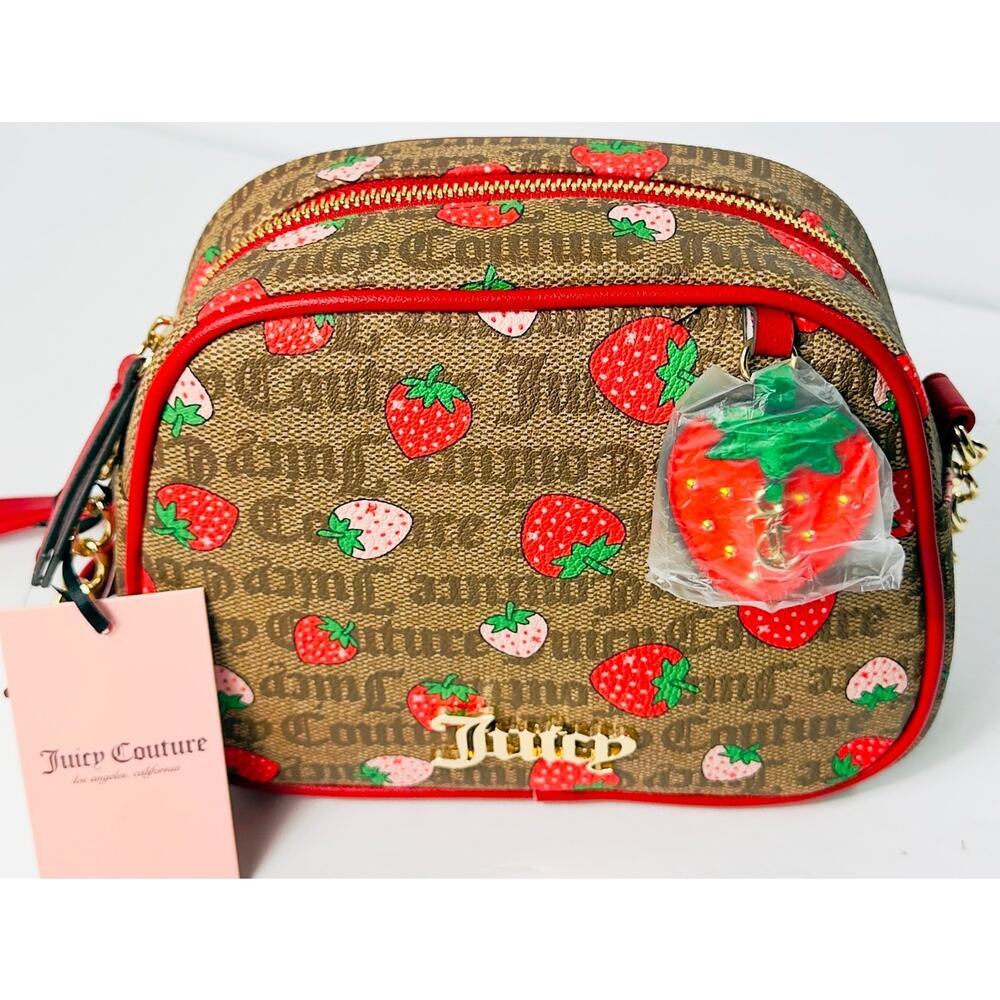 Juicy Couture Strawberry Purse Crossbody Brown Red Accent Strap Bag Charm NWT